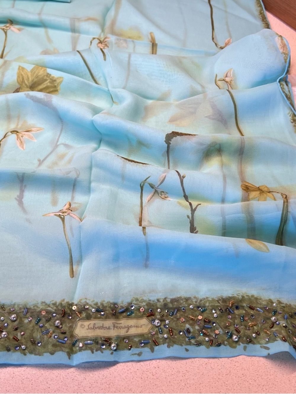 Salvatore Ferragamo Light Blue and Green Embellished Silk Scarf